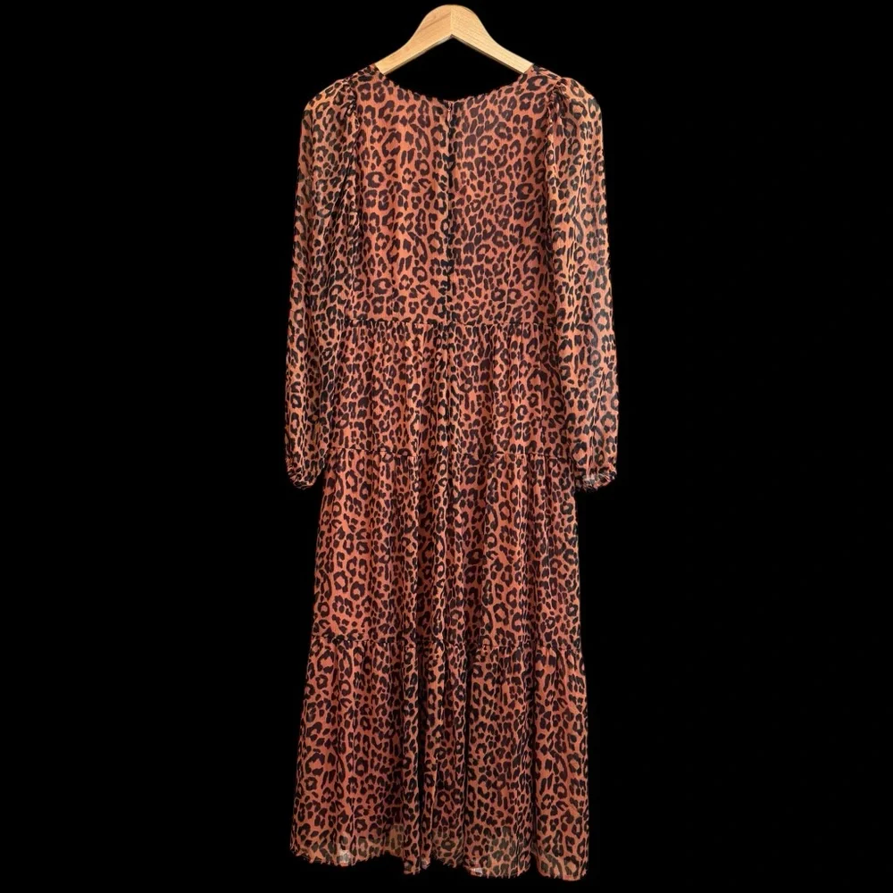 Loft Petite Leopard Print Tiered V-Neck Midi Long Sleeve Dress‎ Size 6 #211 - Picture 5 of 11